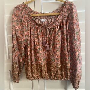 Lucky Brand Women’s Floral Boho Peasant Blouse Bubble Hem Size Medium